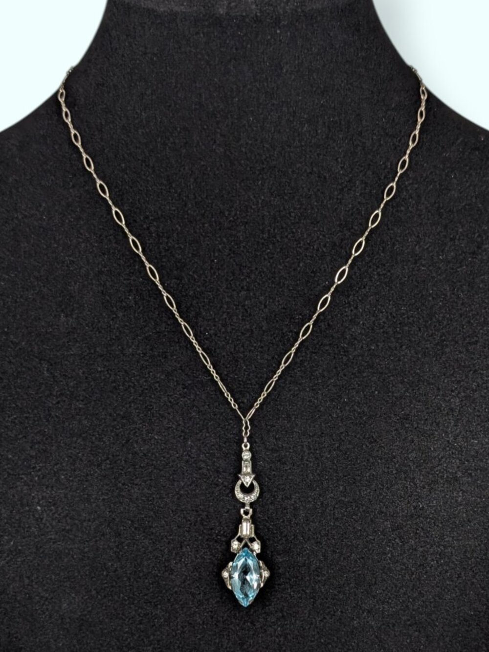 Vintage Antique Art Deco Sterling Silver Blue Paste Glass Stone Pendant Necklace
